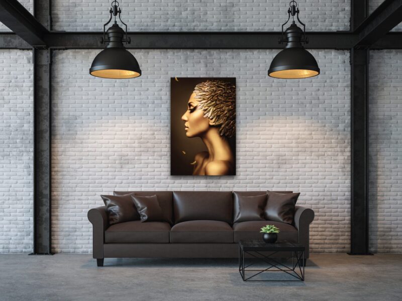 Beautiful woman with gold feather hat – plexiglas – aluminium – canvas - Afbeelding 2