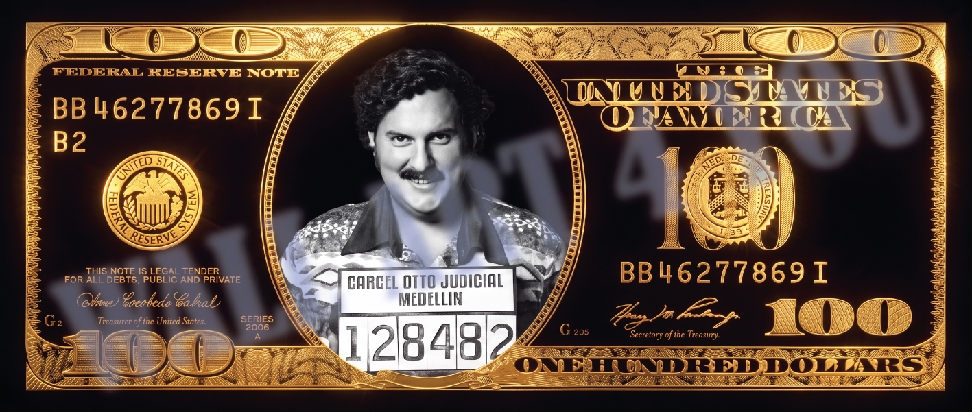 Pablo Escobar Dollar biljet - gangster maffia - plexiglas - aluminium - canvas