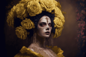 Vrouw met bloemen en gouden make-up als luxe wanddecoratie
