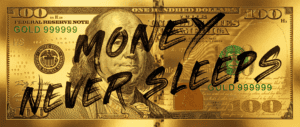 Money Never Sleeps als luxe geld wanddecoratie