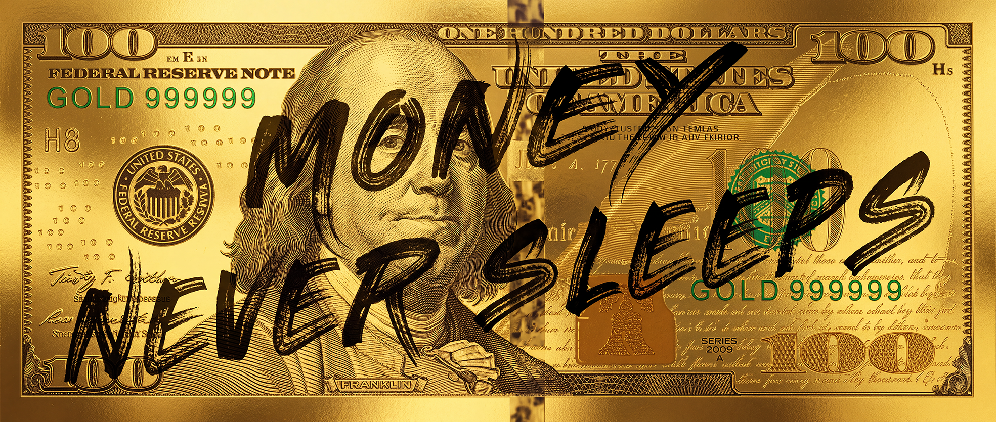 Money Never Sleeps als luxe geld wanddecoratie
