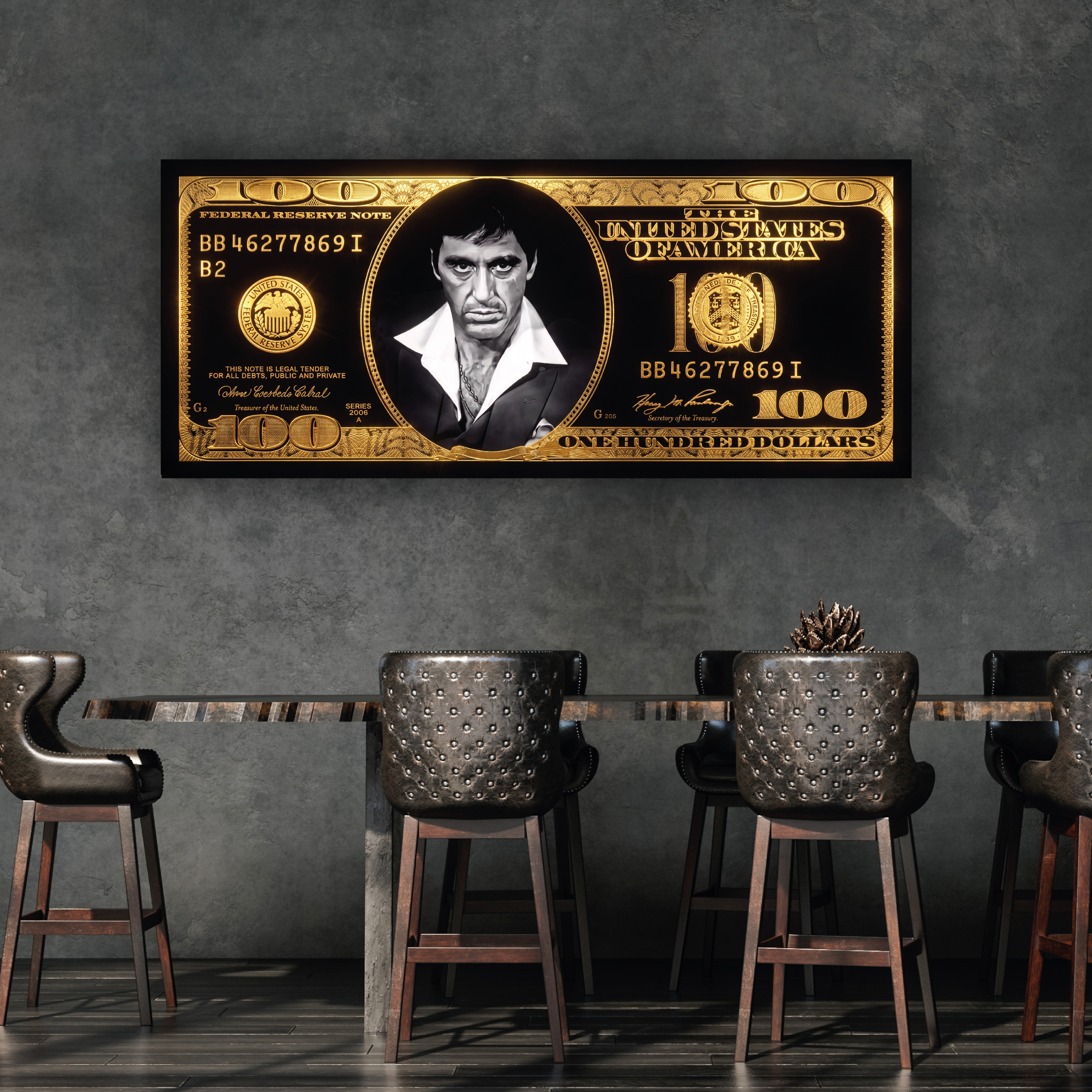 Scarface dollar biljet als gangster wanddecoratie