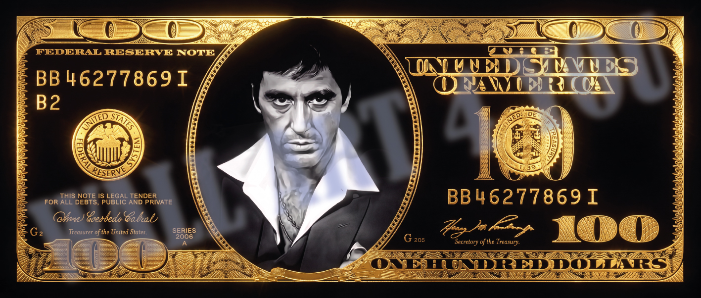 Scarface dollar biljet - gangster maffia - plexiglas - aluminium - canvas