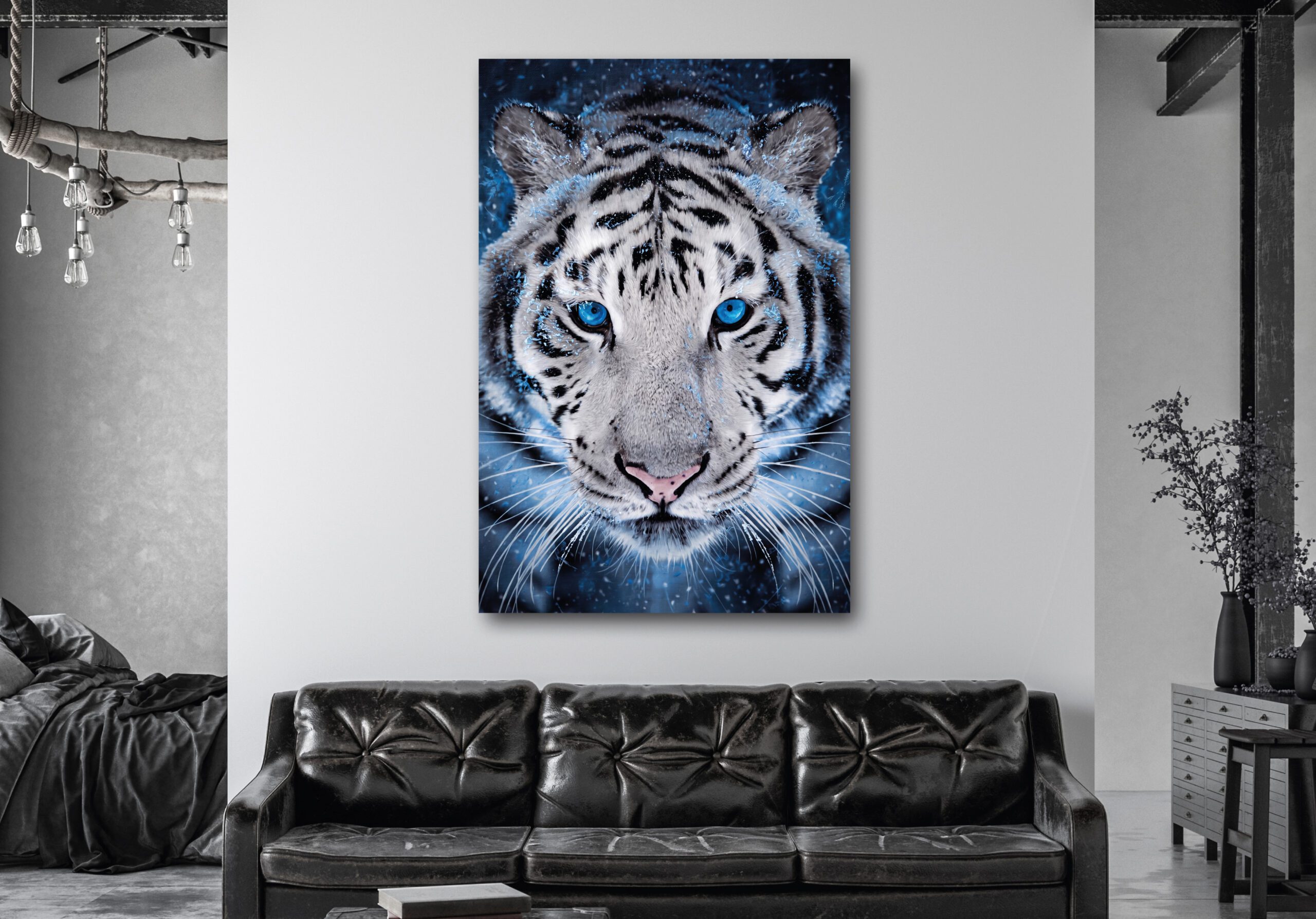 White tiger with blue eyes under snow - witte tijger sneeuw – plexiglas – aluminium – canvas - Afbeelding 2
