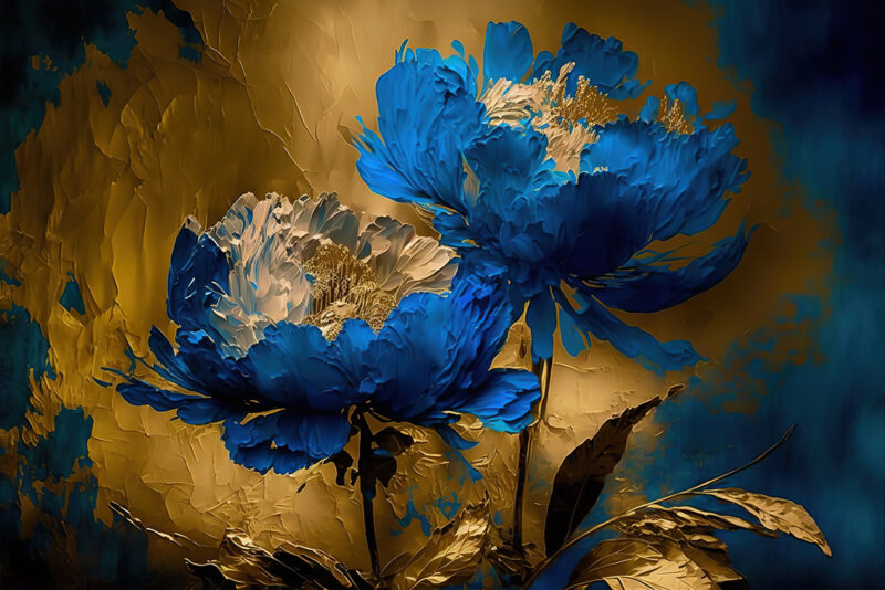 Abstract landschap met blauwe pioenrozen in goud - plexiglas - aluminium - canvas