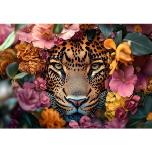 Glasschilderij 160x110cm Panter in bloemenzee
