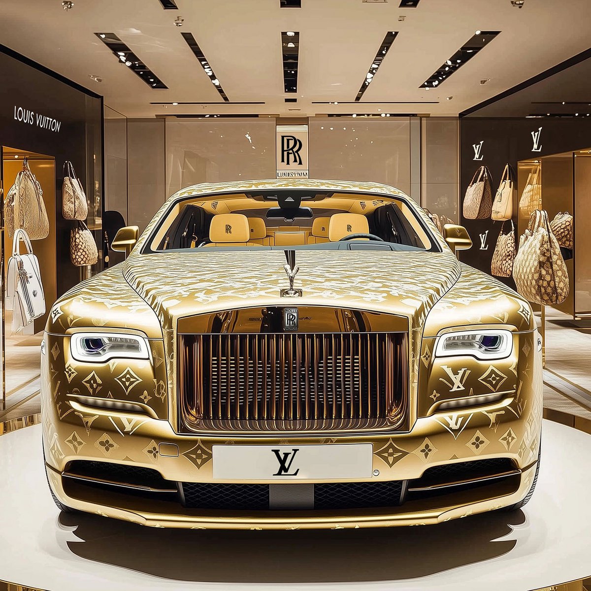 Glasschilderij 120x120cm 3D Gouden auto in winkel