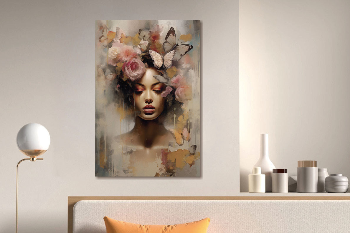 Glasschilderij 80x120cm Vrouw met vlinders en bloemen - Afbeelding 2
