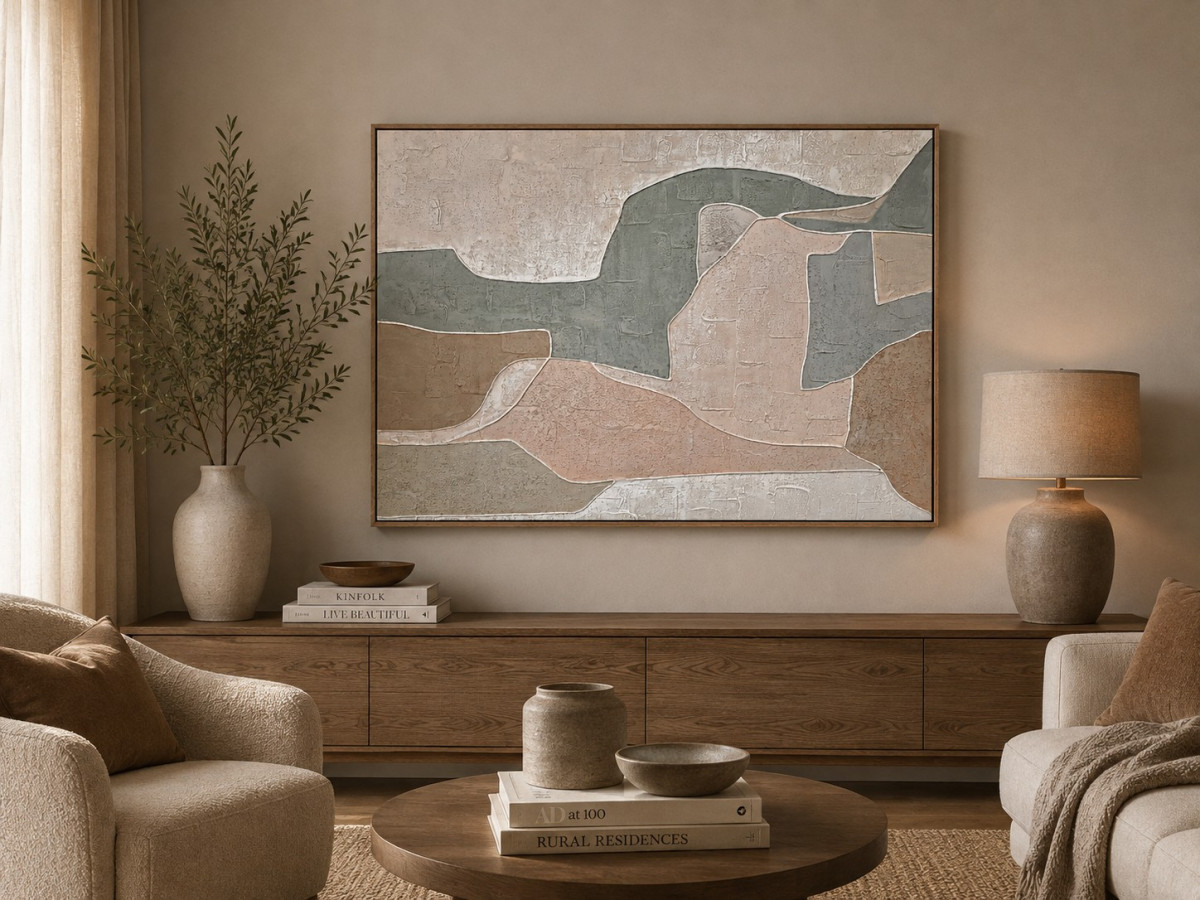 Olieverfschilderij incl. lijst 90x120cm Handgeschilderd 'Soft Harmony 1' Horizontaal en verticaal ophangbaar - Afbeelding 2