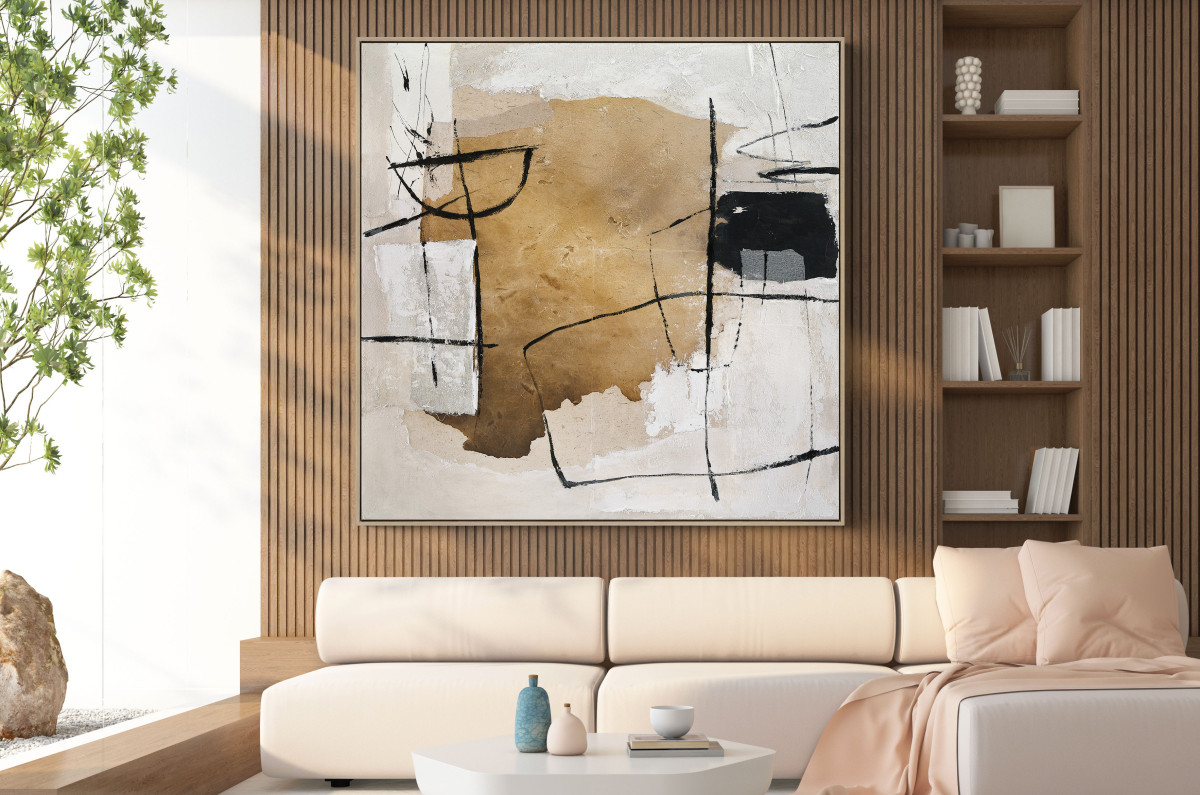 Olieverfschilderij incl. lijst 150x150cm Handgeschilderd 'Gold with lines'