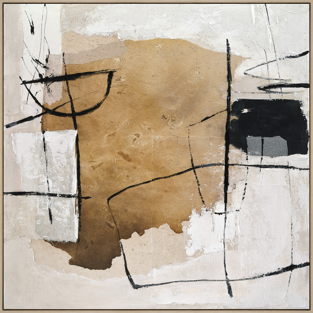 Olieverfschilderij incl. lijst 150x150cm Handgeschilderd 'Gold with lines' - Afbeelding 2