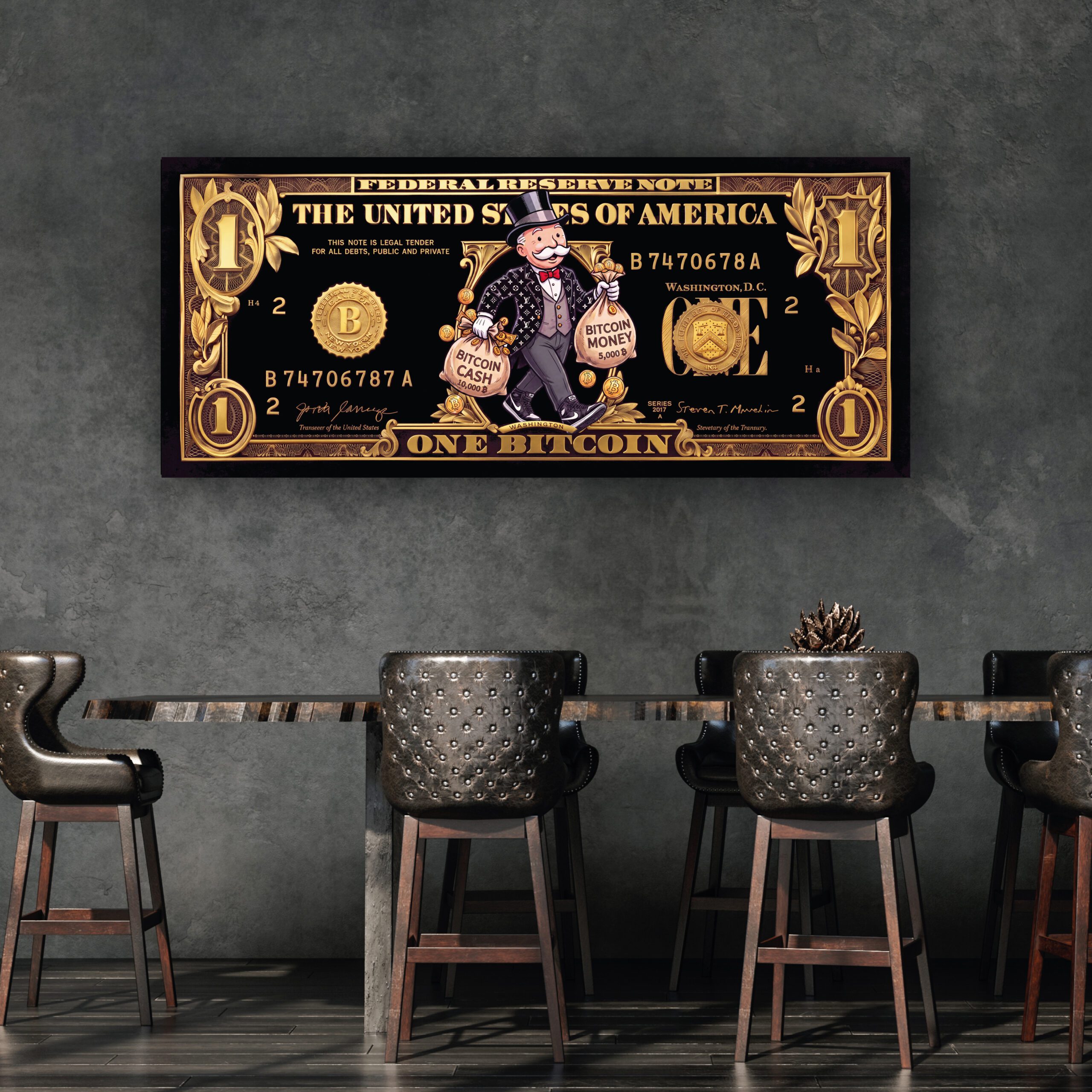 Monopoly Bitcoin biljet als unieke Bitcoin wanddecoratie