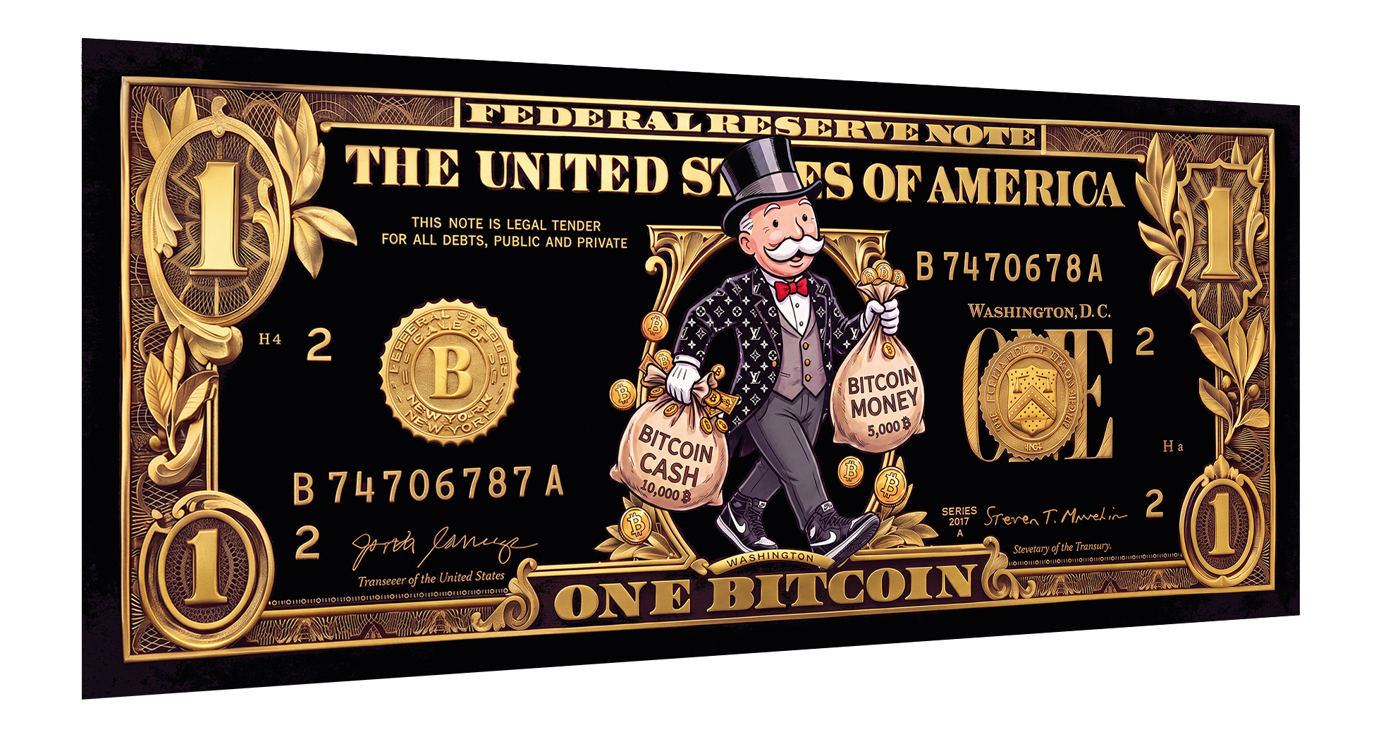 Monopoly Bitcoin biljet als unieke Bitcoin wanddecoratie