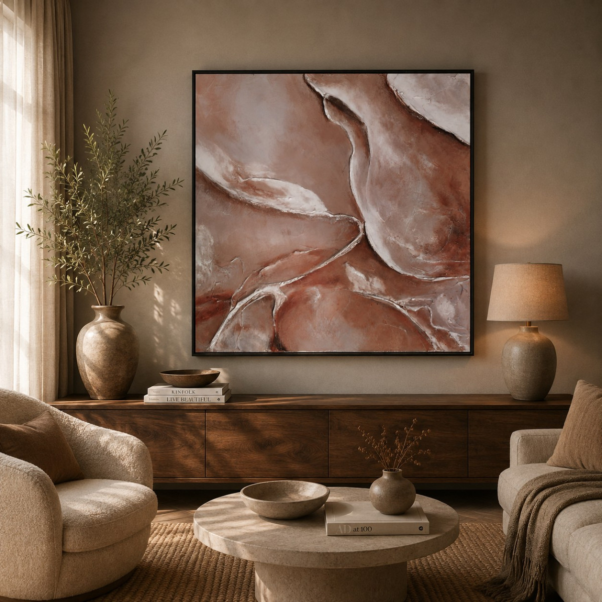 Olieverfschilderij incl. lijst 100x100cm High Gloss Beige