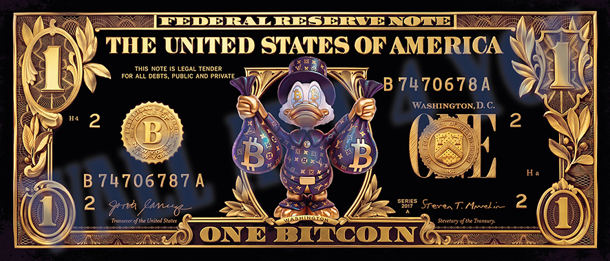 Luxury bitcoin biljet schilderij - dollar biljet crypto art verkrijgbaar op plexiglas 5mm canvas en aluminium dibond 3mm