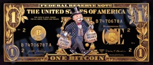 Monopoly bitcoin biljet schilderij - bitcoin monopoly dollar art verkrijgbaar op plexiglas 5mm canvas en aluminium dibond 3mm