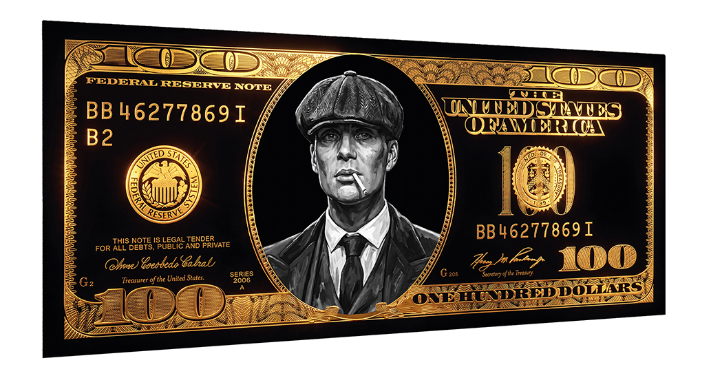 Detail close-up van Shelby dollar biljet schilderij - haarscherpe gouden print op plexiglas