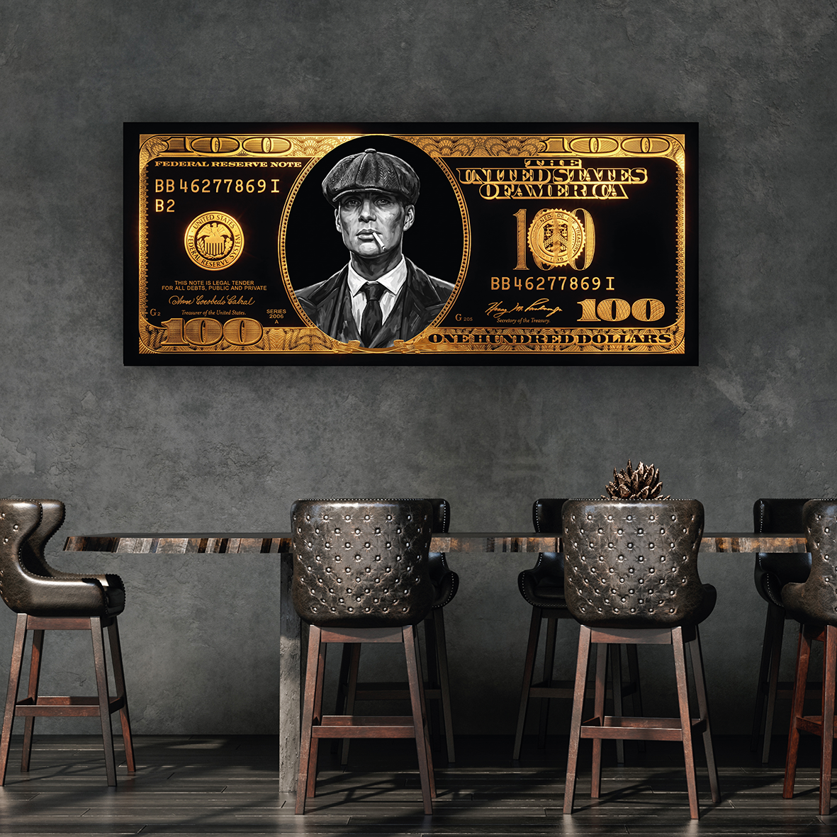 Shelby dollar biljet schilderij in modern kantoor man cave interieur