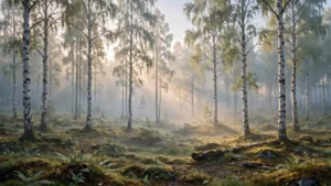 Birch Mist - Scandinavisch berkenbos in ochtendnevel  - Exclusief Airtex Behang op Maat
